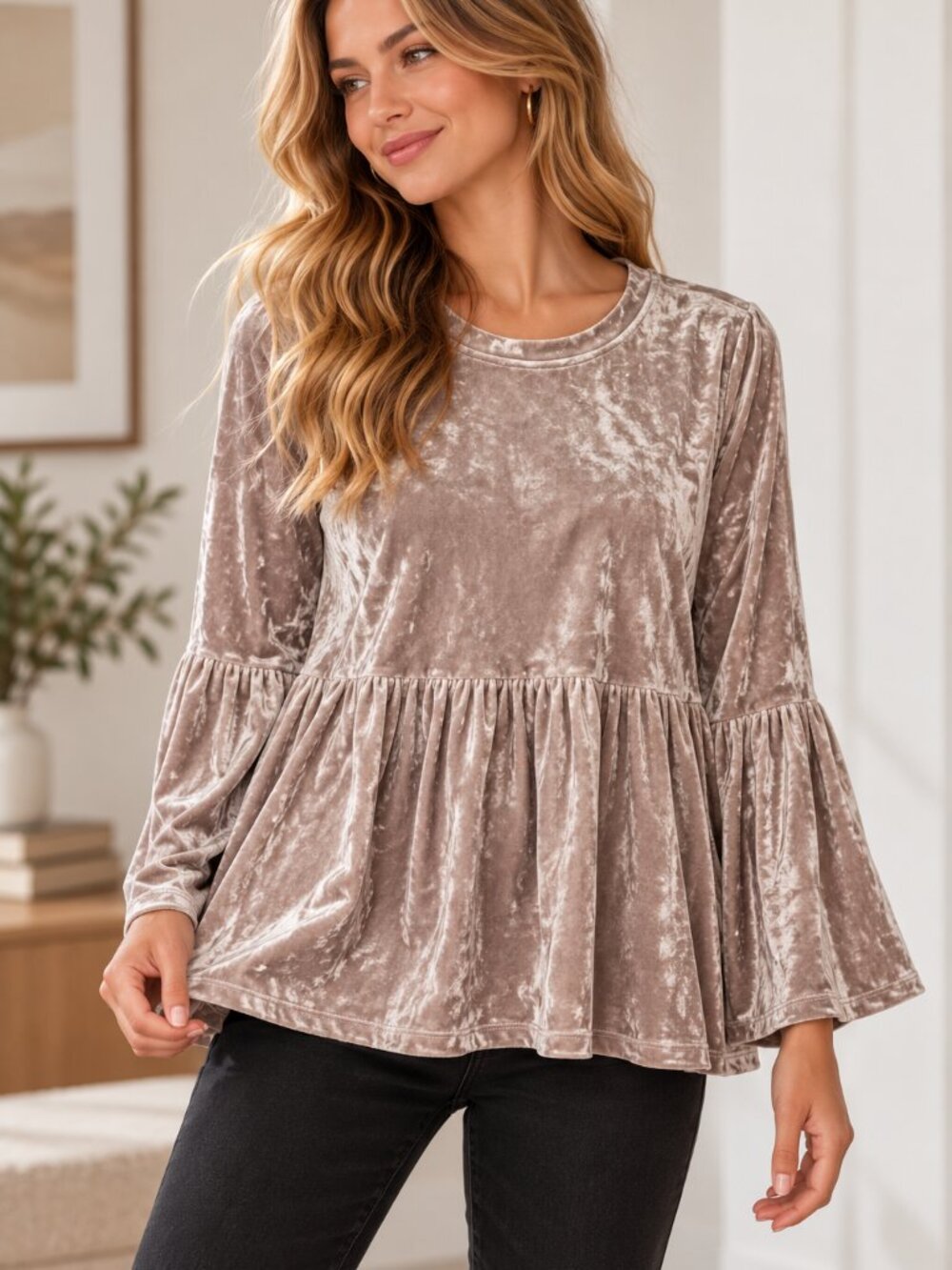 Cupio Velvet Bell Sleeve Peplum Blouse